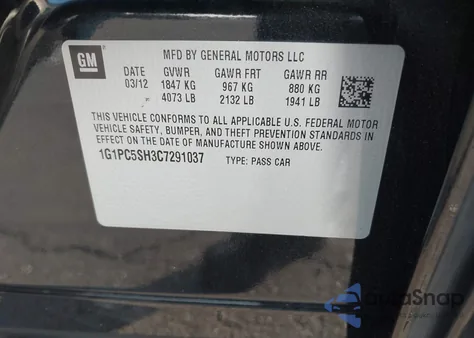 2012 Chevrolet Cruze Ls z USA, uszkodzony, nr VIN 1G1PC5SH3C7291037